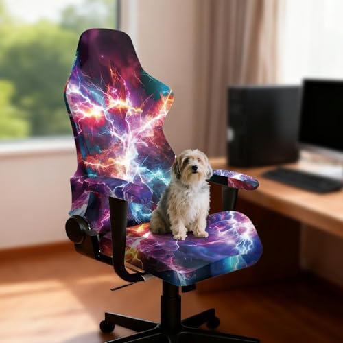 Stretchy Chair Slipcovers with Arms Cool Lightning Gaming Chair Cover Cat Scratch Proof Rotating Gaming Chair Covers Protector 4PCS Complete Set for Office Professional Environment - color: Cool Lightning