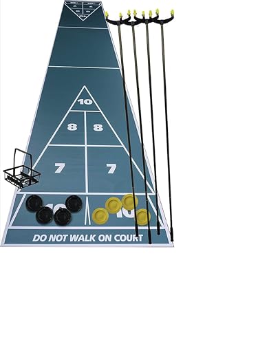 Home Shuffleboard Court Package - Roll Out Shuffleboard Court (28'L X 54" W), 4 Shuffleboard Cues, 6" Tournament Discs (4 Yellow, 4 Black), Disc Carrier, and Rules