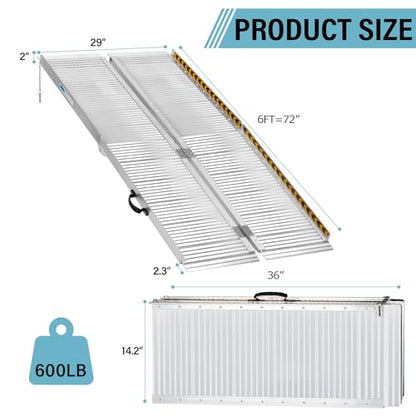 6 Feet Aluminum Folding Wheelchair Ramp | Non-Skid Handicap Threshold Wheel Chair Ramp for Home Steps, Stairs, Entry, Threshold, Doorways, 600LBS Capacity,28in Wide - size: 6FT-tri-fold-silvery