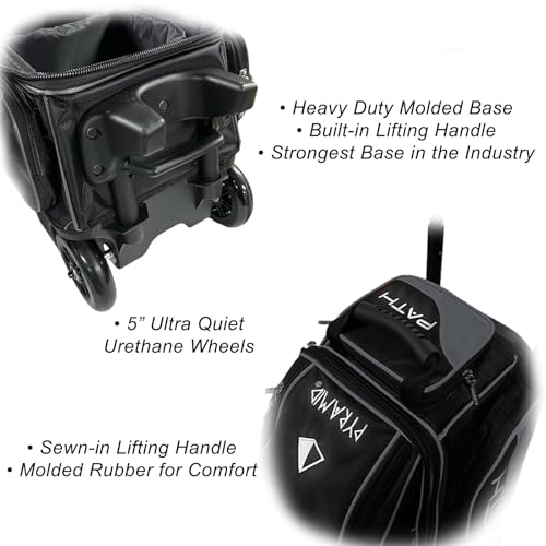 Pyramid Path Triple Premium Deluxe Roller Bowling Bag With Extra Large Separate Shoe Compartment (Up To US Mens Size 16) and 5 Accessory Pockets, 5" Wheels, Retractable Locking Handle - Extends to 42" - color: Black/Silver