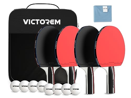 VICTOREM Table Tennis Paddles Set of 4 - Professional Ping Pong Paddles Set with Rubber & Ergonomic Handle for Enhanced Control & Spin - Speed & Control for Ultimate Performance with 8 Balls Included