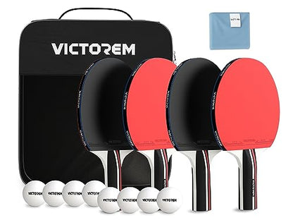 VICTOREM Table Tennis Paddles Set of 4 - Professional Ping Pong Paddles Set with Rubber & Ergonomic Handle for Enhanced Control & Spin - Speed & Control for Ultimate Performance with 8 Balls Included
