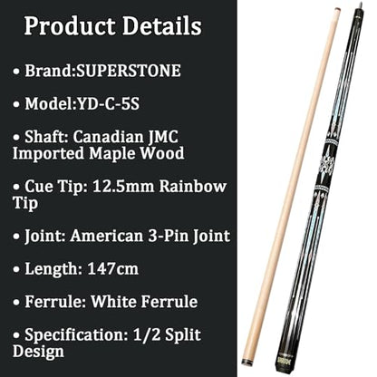 SUPERDIAMOND Pool Cue Stick Set Billiard Cue Sticks with Hard Case, 2-Pieces 58" Pool Table Sticks, 12.5 mm Tip Pool Queue,Pool Stick Set for Home Recreation, Billiards Clubs, Training - style: Billiard Cue Sticks-GB-YD-C-5S