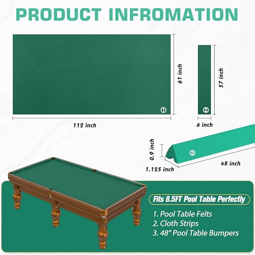 Pool Table Felt and Bumper Kit Felt for Billiard Cloth with Pool Table Bumpers and Cushions Facing, 6 Pcs Cloth Strips and Staple Remover - color: Drak Green, size: 8.5FT Over Size + 48'' Bumpers