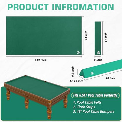Pool Table Felt and Bumper Kit Felt for Billiard Cloth with Pool Table Bumpers and Cushions Facing, 6 Pcs Cloth Strips and Staple Remover - color: Drak Green, size: 8.5FT Over Size + 48'' Bumpers