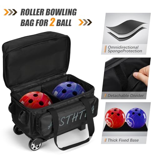 2 Ball Bowling Bag with Wheels, Bowling Bags 2 Ball Roller - 1680D Reinforced Oxford, Bowling Ball Bag with Separate Shoe Compartment & Retractable Handle Extends to 40'' - color: Black