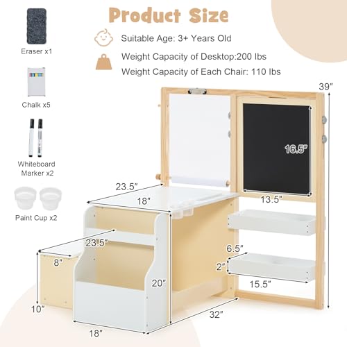 INFANS 3 in 1 Kids Art Table and Chair Set, Toddler Craft and Play Wood Activity Desk with Double-Sided Easel Blackboard Whiteboard, Paper Roll for Writing, Children Furniture for Daycare Nursery - style: Natural
