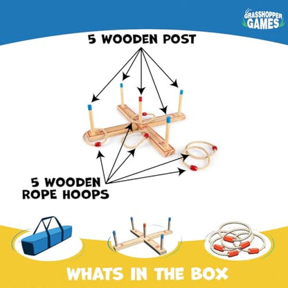 Ring Toss - Classic Throwing Game, Wood Set, 5 Stumps & Hoops, Indoor-Outdoor Play, Travel Bag, Party-Backyard Activity, Family Age 3+