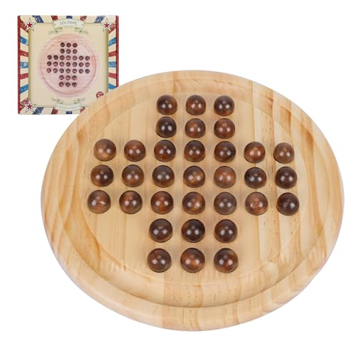 Gothink Solid Wood Solitaire Game, Classic Handcrafted 9'' Wooden Solitaire Board, 33 Smooth Wooden Balls, Single Strategic Mind Game for Kids and Adults - style: Solitaire Game
