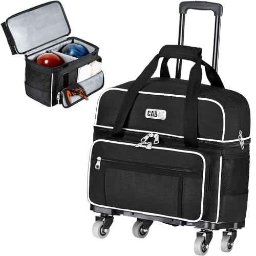 CAB55 2 Ball Bowling Bag with 4 Wheels, Double Bowling Ball Bag with Separate Shoe Compartment, (Up To US Men Size 16), and Multiple Multifunctional Accessory Pockets - color: Black