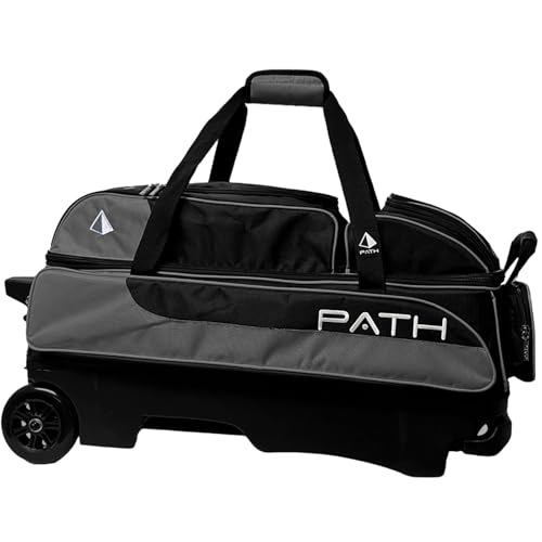 Pyramid Path Triple Premium Deluxe Roller Bowling Bag With Extra Large Separate Shoe Compartment (Up To US Mens Size 16) and 5 Accessory Pockets, 5" Wheels, Retractable Locking Handle - Extends to 42" - color: Black/Silver