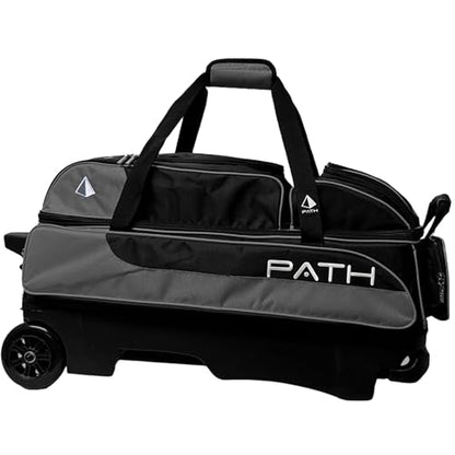 Pyramid Path Triple Premium Deluxe Roller Bowling Bag With Extra Large Separate Shoe Compartment (Up To US Mens Size 16) and 5 Accessory Pockets, 5" Wheels, Retractable Locking Handle - Extends to 42" - color: Black/Silver