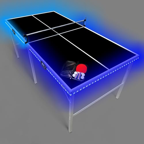 PartyLife 6 ft x 3 ft Ping Pong Table Tennis Table | Mid-Size Portable Folding Indoor Outdoor Foldable Ping Pong Table Tennis Table w/Optional LED Lights (Not a Full Size Table) - color: Black, size: 6ft x 3ft - LED Lights