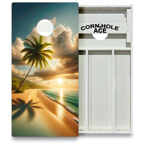 CornholeAce Beach Series All Weather Pro Cornhole Board Set - Waterproof 4x2 Regulation Size, Made in USA, Triple Wide Legs, 3/4" PVC, Official Tournament Boards, Rainproof & Outdoor Ready (2 Boards) - color: Beach Paradise