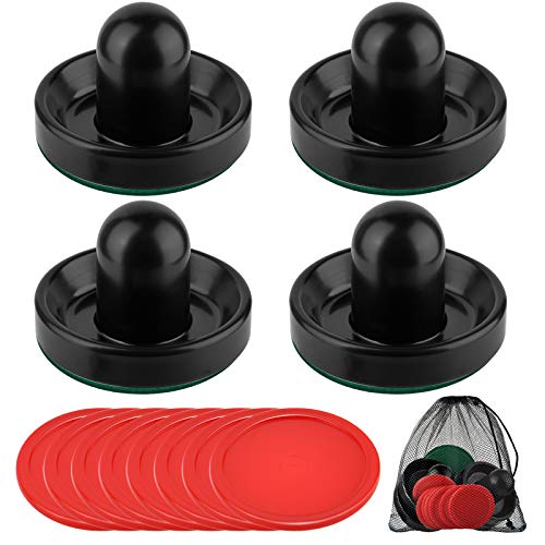 Coopay Air Hockey Pushers and Pucks, Air Hockey Paddles with Felt Bottoms, Goal Handles Paddles Replacement Accessories with a Drawstring Bag for Game Tables (4 Striker, 8 Red Puck Pack) - color: Black