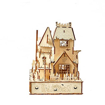 3D Wooden Puzzles Halloween House Kits Includes Light Strip, Brainteaser and Puzzle for Halloween/Birthday,Gifts for Adults and Teens to Build Combination - style: Halloween House