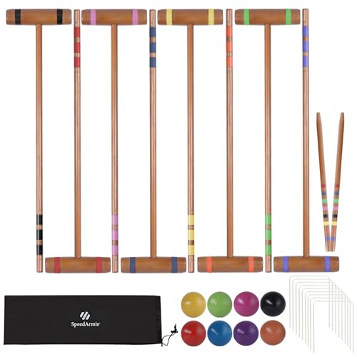 SpeedArmis 28In Croquet Party Set for 8 Players - Made of Long-Lasting Pine Wood, Family Fun for Backyards, Lawn and More, Comes with Colorful Mallets, PE Balls, Wickets, Stakes, and Carrying Bag - color: Mahogany Color