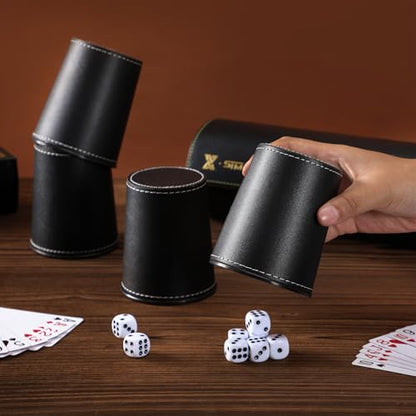 Leather Dice Cup Set, 5 Black Dice Cups + 25 Dices + Exclusive Storage and Transport Case Made of Faux Leather for Dad(Black) - color: Black
