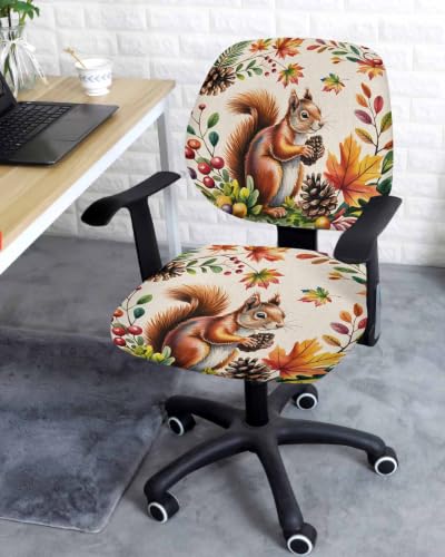 Savannan Office Chair Cover, Thanksgiving Squirrel Pinecone Protective Stretch Elastic Universal Cover for Desk Task Chair,Computer Rotating Chair 1 Pcs Fall Maple Leaf Berry on Linen
