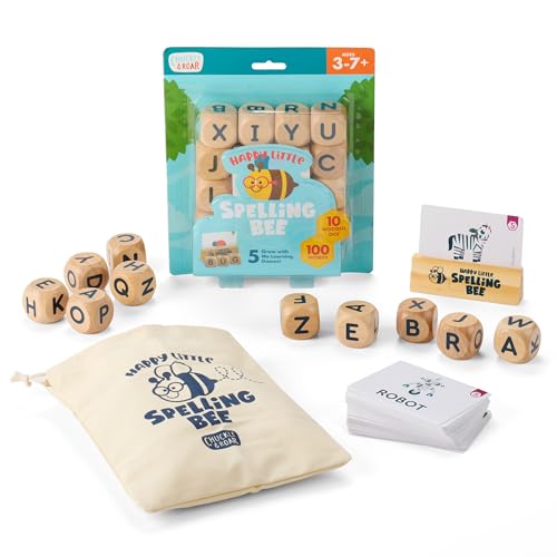 Chuckle & Roar Happy Little Spelling Bee Dice Game for Kids Ages 3-7+ – Educational Word & Letter Learning Game with 100 First Words, 10 Wooden Letter Dice, 5 Grow-With-Me Spelling Games & Storage Bag