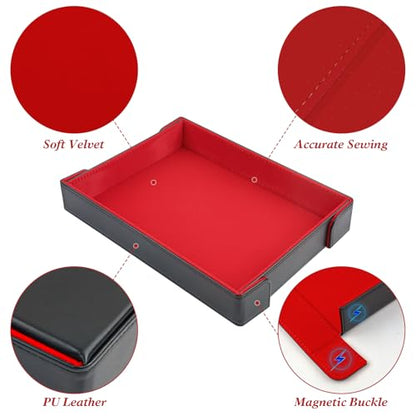 PU Leather Dice Tray Magnetic Folding Dice Rolling Mat with Red Felt Lining for Dice Games Portable Tabletop Board Games Tray - color: Red
