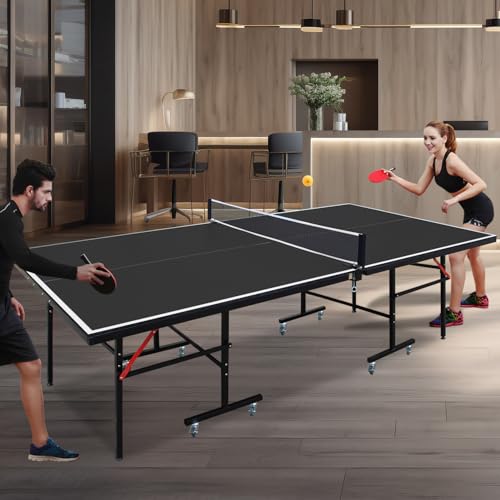 Foldable Indoor Ping Pong Table: 8ft Regulation Size Table Tennis Set - 10-Minute Setup & Solo Playback Mode for Home Office Games - Compact Storage 59" x 48" x 16" with Net & Paddles