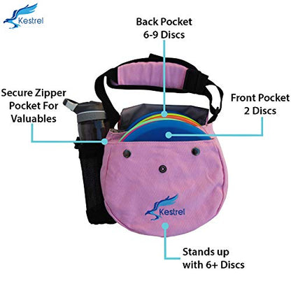 Kestrel Black Disc Golf Bag - Fits 6-10 Golf Discs + Bottle - For Beginner & Advanced Golfers - Extremely Durable Canvas - Frisbee Golf Bag - Small Sling/Shoulder Disc Golf Bag For Men & Women - color: Pink
