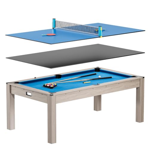 Garvee 7FT 3 in 1 Pool Table with Dining & Table Tennis Top, Multi-Game Table with Accessories (Balls, Cues, Ping Pong),Convertible Billiards and Table Tennis,HDF Wood Grain Finish & Chrome Accents - color: Blue