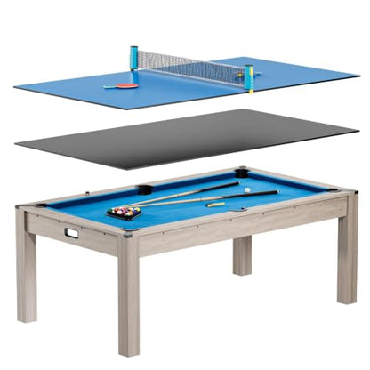 Garvee 7FT 3 in 1 Pool Table with Dining & Table Tennis Top, Multi-Game Table with Accessories (Balls, Cues, Ping Pong),Convertible Billiards and Table Tennis,HDF Wood Grain Finish & Chrome Accents - color: Blue