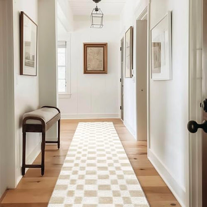 EVERGRACE Checkered Plaid Area Rug 2x10, Soft Fuzzy Faux Wool Rugs Washable Anti Slip Rugs Long Runner Rug Carpet for Entryway Bedroom Living Room Hallway Kitchen Dining Room and Laundry Room, Beige - color: Beige, size: 2' x 10' (Runner)