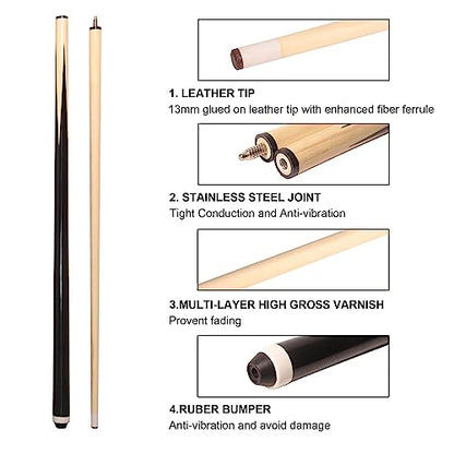 Pool Cue Sticks 58" Wooden Billiard Cues with 13mm Leather Tip 19oz/20oz Durable Hard Wood 2-Piece Pool Sticks for House & Bar Use Begginers or Professional, Set of 6
