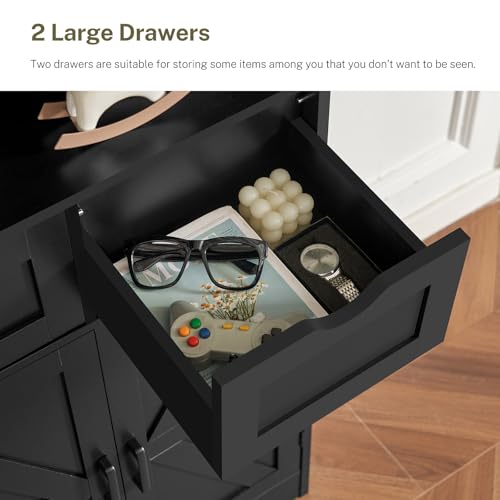 TEENFON Storage Cabinet with Doors & 2 Drawers, Kitchen Cabinet with Adjustable Shelf, Pantry Cabinets, Bathroom Cabinets, for Living Room, Entryway, Home Office, Black - color: Black