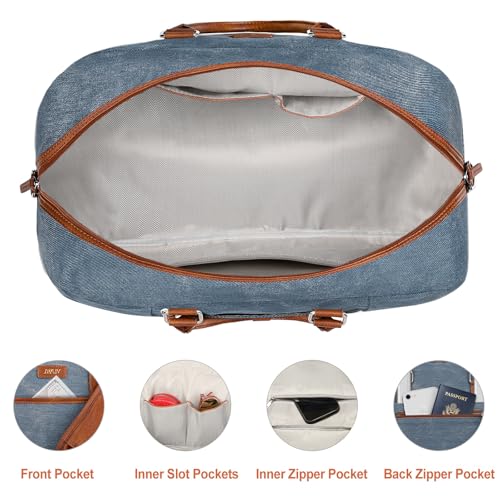 Weekender Bag for Women, Large Overnight Bag Canvas Travel Duffel Bag Carry On Tote with Shoe Compartment 21" 3Pcs Set - color: A13-brown+blue