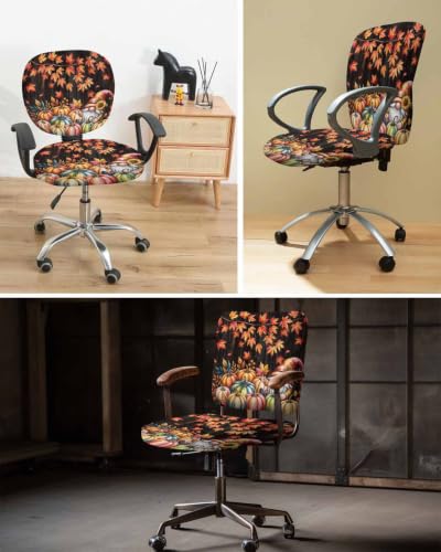 Savannan Office Chair Cover, Autumn Pumpkin Gnome on Brown Wood Protective Stretch Elastic Universal Cover for Desk Task Chair,Computer Rotating Chair 1 Pcs Maple Leaf