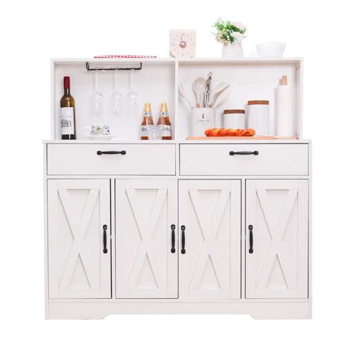 Sideboard Buffet Cabinet with Storage, 47'' Farmhouse Coffee Bar Cabinet, Kitchen Pantry Storage Cabinet with Doors and Shelves for Dining Room, Living Room, Kitchen, White - color: White, style: Bar Cabinet