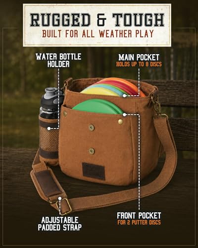 Disc Golf Bag | Frisbee Golf Bag | Easy to Carry | Lightweight Fits Up to 10 Discs | 16 oz Waxed Canvas Sturdy Design | Belt Loop | Double Button Design | Bottle Holder - style: Waxed Canvas / Leather - Brown