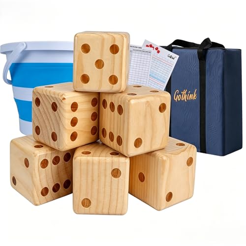 Gothink 3.5" Giant Wooden Yard Dice Set with Carrying Bag, Outdoor Dice Game Set with 6 Giant Dice, Collapsible Bucket, Sheet Score Pads, Laminated Score Cards