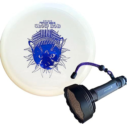 GlowBob Glow in The Dark Midrange Disc Golf Night Light Up Grip PDGA Approved Premium Plastic Recharge Cat Bob Stamp Black Blue Flashlight Combo Packs (GlowBob Blue + Jumbo Flashlight)