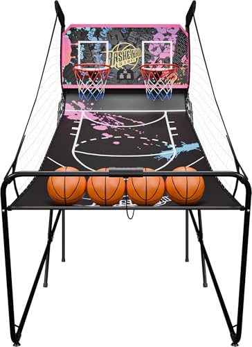 JupiterForce Foldable Indoor Basketball Arcade Game, Electronic Dual Shot Basketball Hoop Arcade Game Machine with 4 Balls and LED Scoring for 2 Players Home Play, Kids, Adults (Dark Purple) - color: Dark Purple