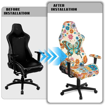 Suobstales Boho Mandala Butterfly Pattern Gaming Chair Cover, Stretch 4 Set Ergonomic Office Computer Game Chair Slipcovers with Armrest Covers/Back Covers/Seat Cover for Reclining Racing Gaming Chair - color: Boho Mandala Butterfly