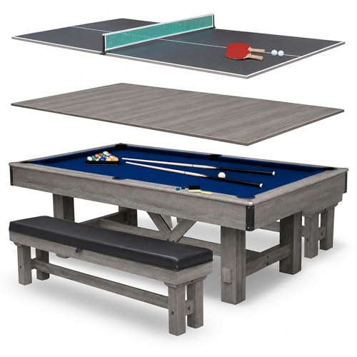 Hathaway Logan 7-ft Pool Table Combo Set with Benches - Rustic Gray with Blue Felt, Barnwood