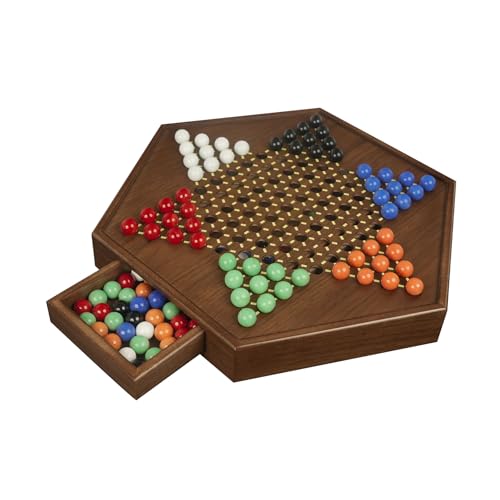 Chinese Checkers Board Game - 13” Large Wooden Checkers Game with Storage Drawer, 16mm Glass Marbles (60 + 12 Extras), Classic Family Strategy Game for 2-6 Players - size: 13"