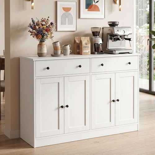 holzart 49" White Buffet Cabinet with Doors & Drawers, Modern Kitchen Storage Sideboard, Coffee Bar Console Table for Dining Room, Living Room, Entryway - color: White, size: 4 doors & 2 drawers