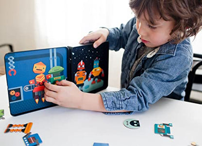 Petit Collage Magnetic Play Set, Robot Remix – Mix & Match Magnetic Game Board, Ideal for Ages 3+ – Includes 2 Magnetic Scenes and over 25 Magnet Pieces, Ideal Travel Activity for Kids - color: Mag Play Set Robot Remix