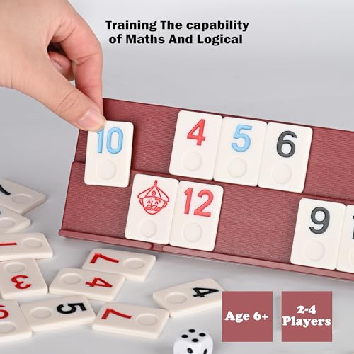 Doublefan Rummy Cube 4 Player Edition, 106 Rummy Cube Game Set with with 4 Plastic Racks in Portable Aluminum Case, Classic Board Game for Adults and