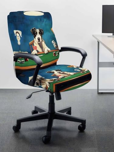 Abstract Animal Office Chair Cover, Dog Playing Poker Game Chips Blue Room Funny Universal Stretch Desk Rotating Chair Slipcovers, Removable Seat Protector with Zipper, L - color: Dark Green Brown, size: Large
