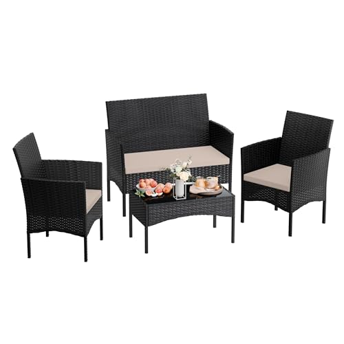 4 Pieces Patio Furniture Set Outdoor Conversation Set Rattan Furniture Set Wicker Chairs and Sofa with Glass Table for Porch Pool Backyard Garden Sand - color: Sand, size: 4pcs patio set