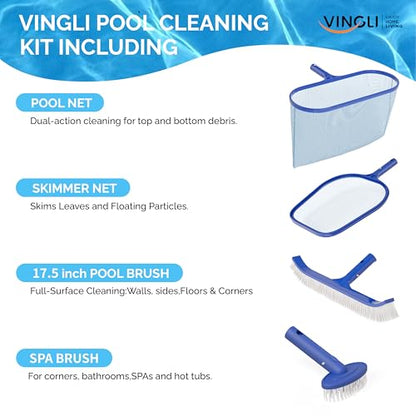 VINGLI 4-in-1 Pool Cleaning Kit, Pools Maintenance Equipment with Pool Net, Pool Brush, Skimmer Net and SPA Brush, Pool Maintenance Tools for Inground&Above Ground Swimming Pools - size: Style 2 : 4 in 1