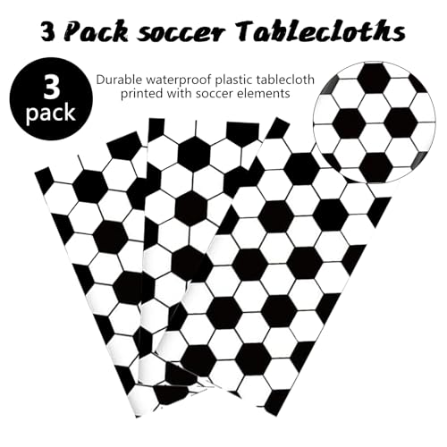 Kesfey 3 Packs Soccer Party Tablecloths 54 x 108 Inches Soccer Sports Ball Table Cover Disposable Waterproof Plastic Soccer Themed Birthday Table Cloth Rectangular Football Tablecloth for Boys Sports - color: Black and White Soccer