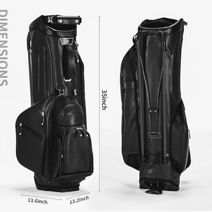 Luxury Faux Leather Golf Stand Bag, 4-Way Full-Length Divider Golf Bag with Carbon Fiber Stand, Cooler Pocket, Ergonomic Straps, Magnetic Pocket, Golf Club Bag with Rain Hood for Men/Women - color: Black